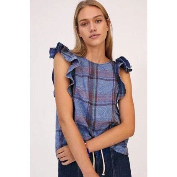 By Anthropologie Amarette Plaid Ruffled Sleeve Cotton Top Size Medium 51316 - Picture 2 of 12